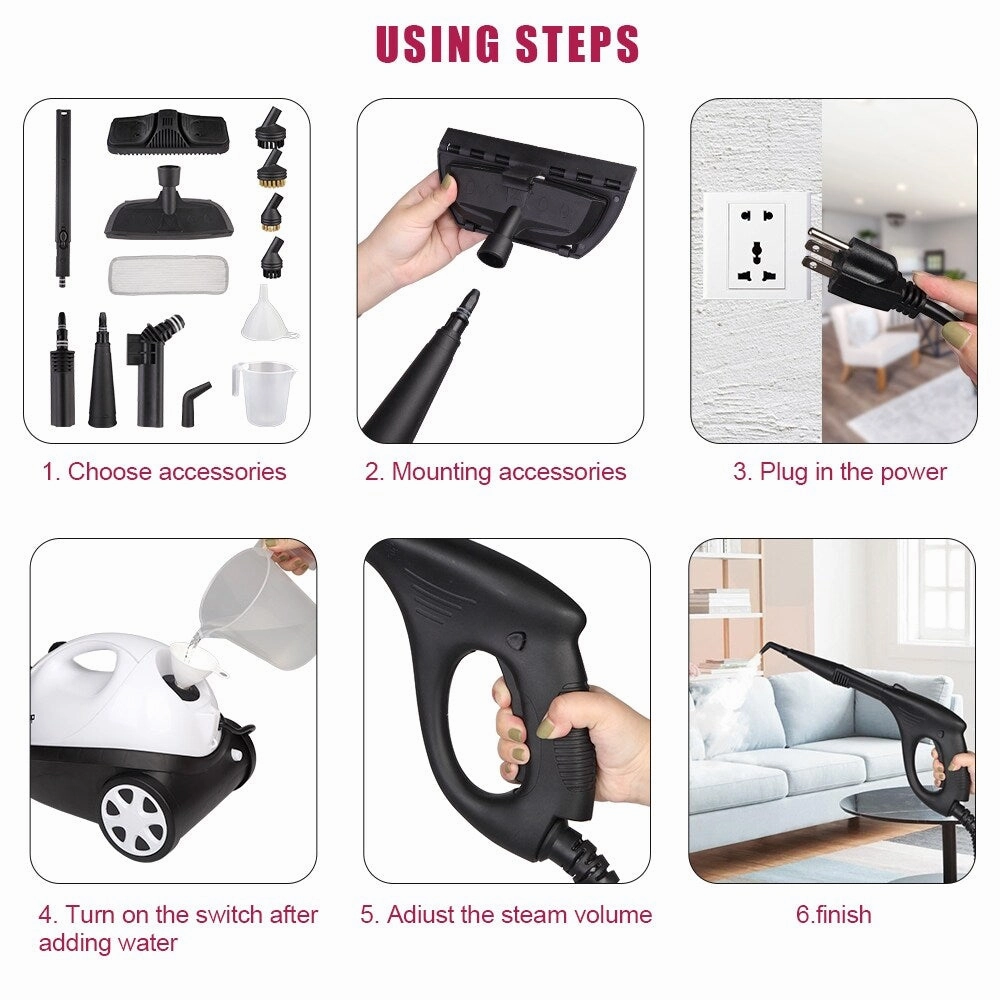 1500W Multipurpose Steam Cleaner with 19 Accessories. Household Steamer for Carpet. Floors. Windows and Cars