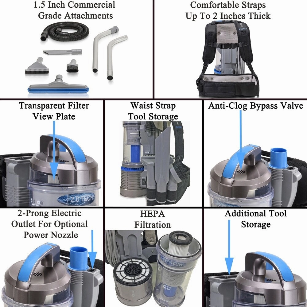2018 Prolux 2.0 Bagless Backpack Vacuum with Deluxe 1 1/2 inch Tool Kit