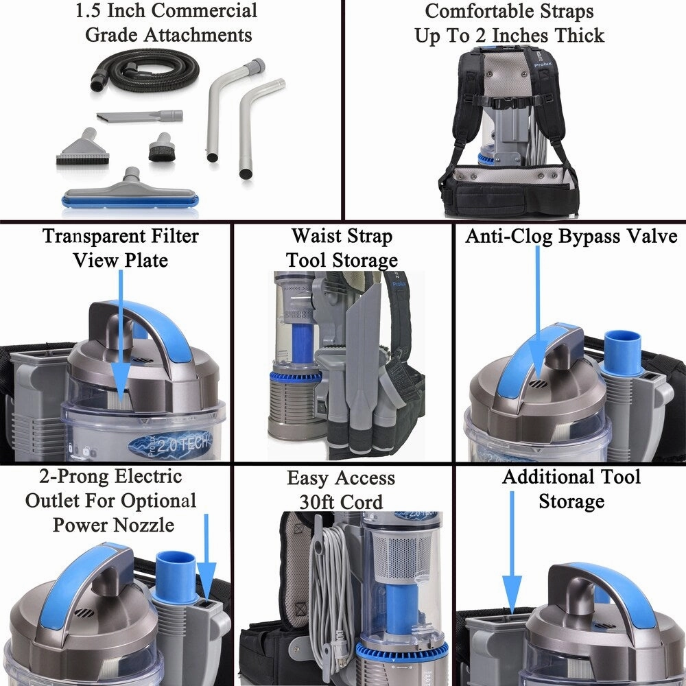 2018 Prolux 2.0 Bagless Backpack Vacuum with Deluxe 1 1/2 inch Tool Kit