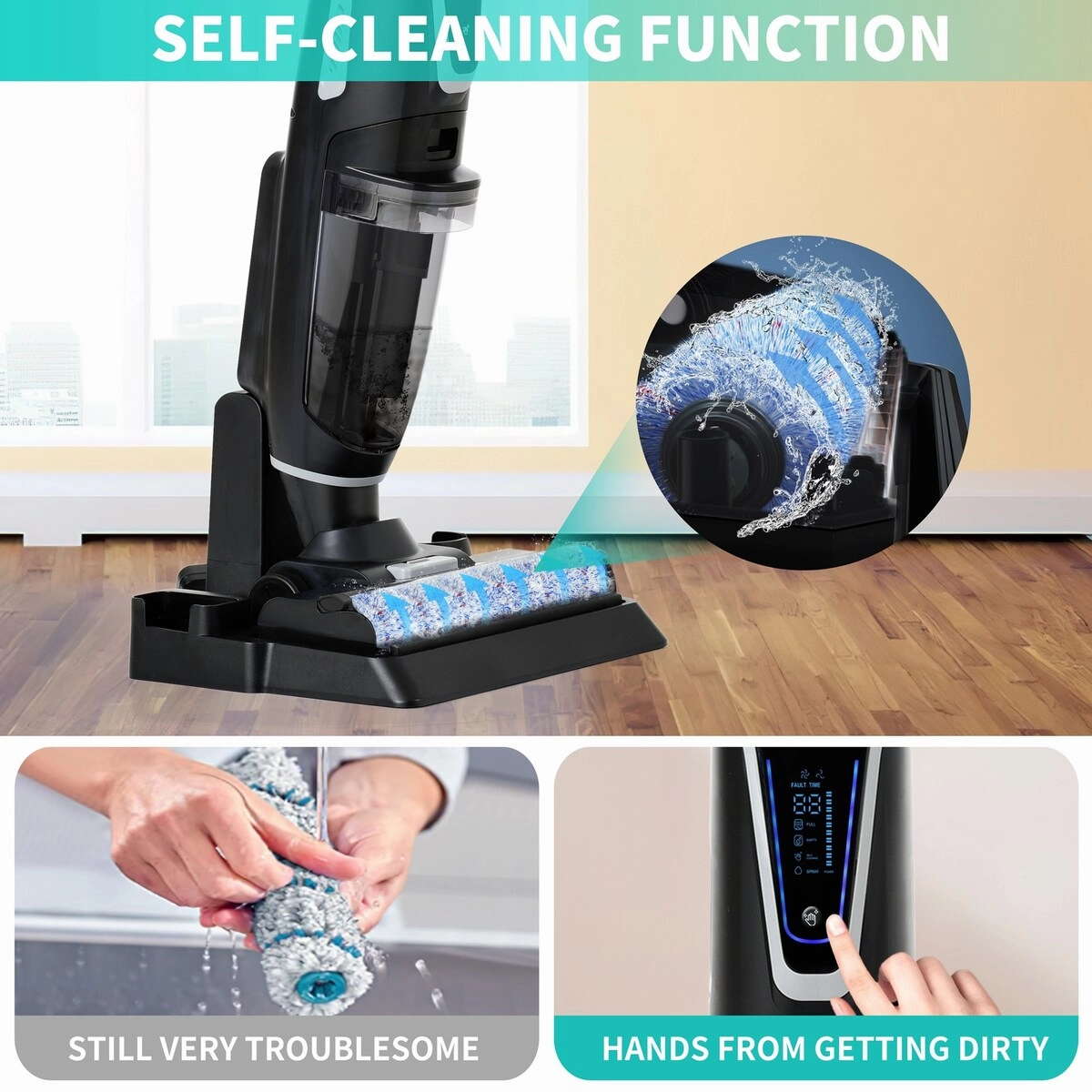 3-in-1 Floor Cleaner .Wireless Wet and Dry Vacuum Cleaner.Two brushes for Carpet and Hard floors. Self-Cleaning System. LED