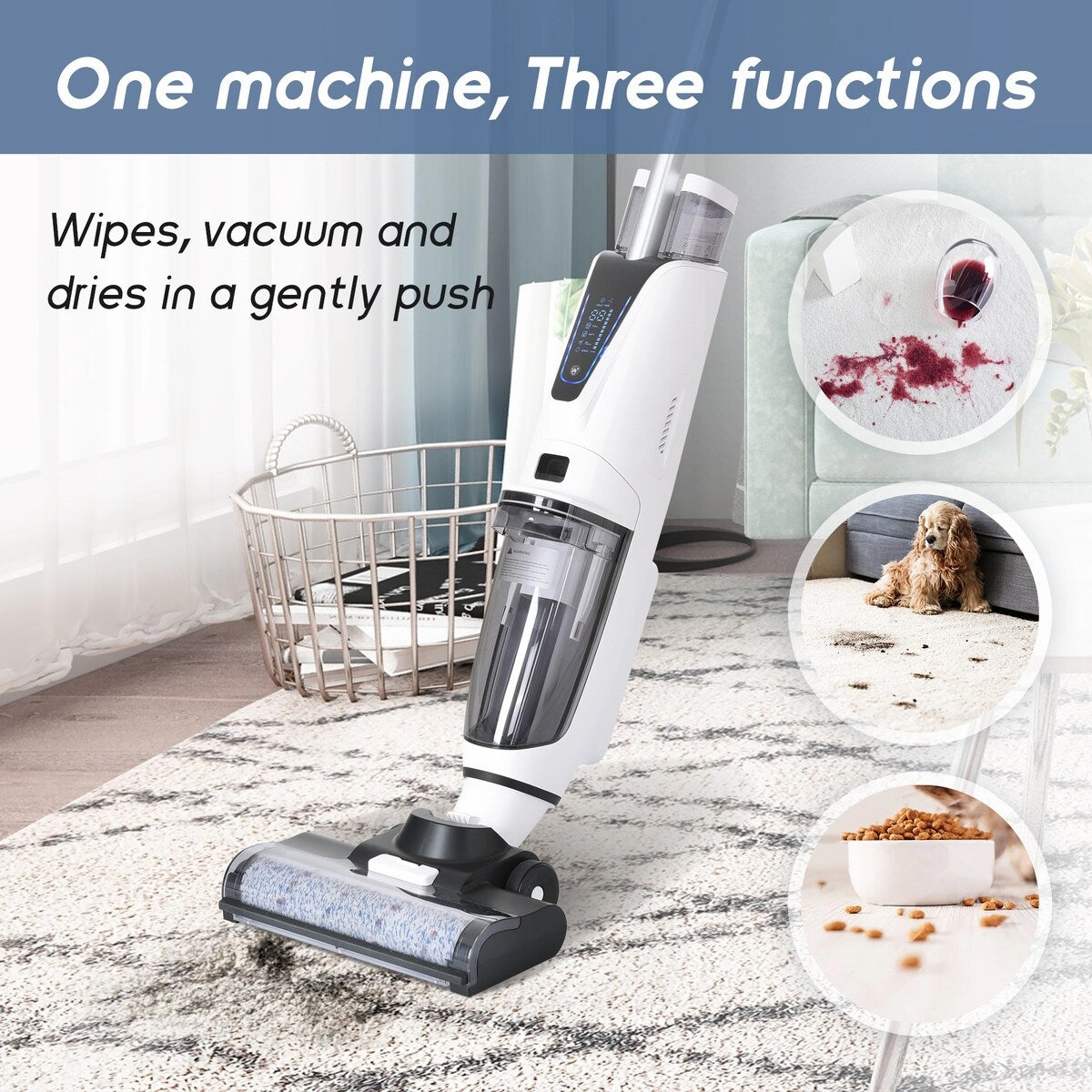 3-in-1 Floor Cleaner .Wireless Wet and Dry Vacuum Cleaner.Two brushes for Carpet and Hard floors. Self-Cleaning System. LED