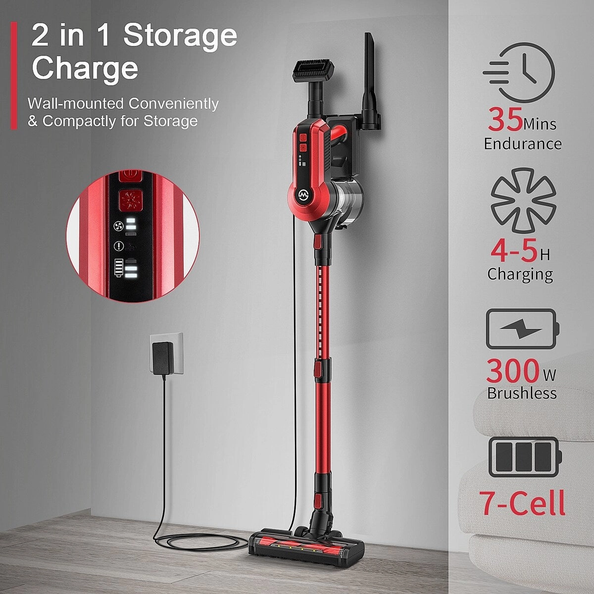 8-in-1 Lightweight 23Kpa Cordless Stick 300W Brushless Motor Vacuum Cleaner