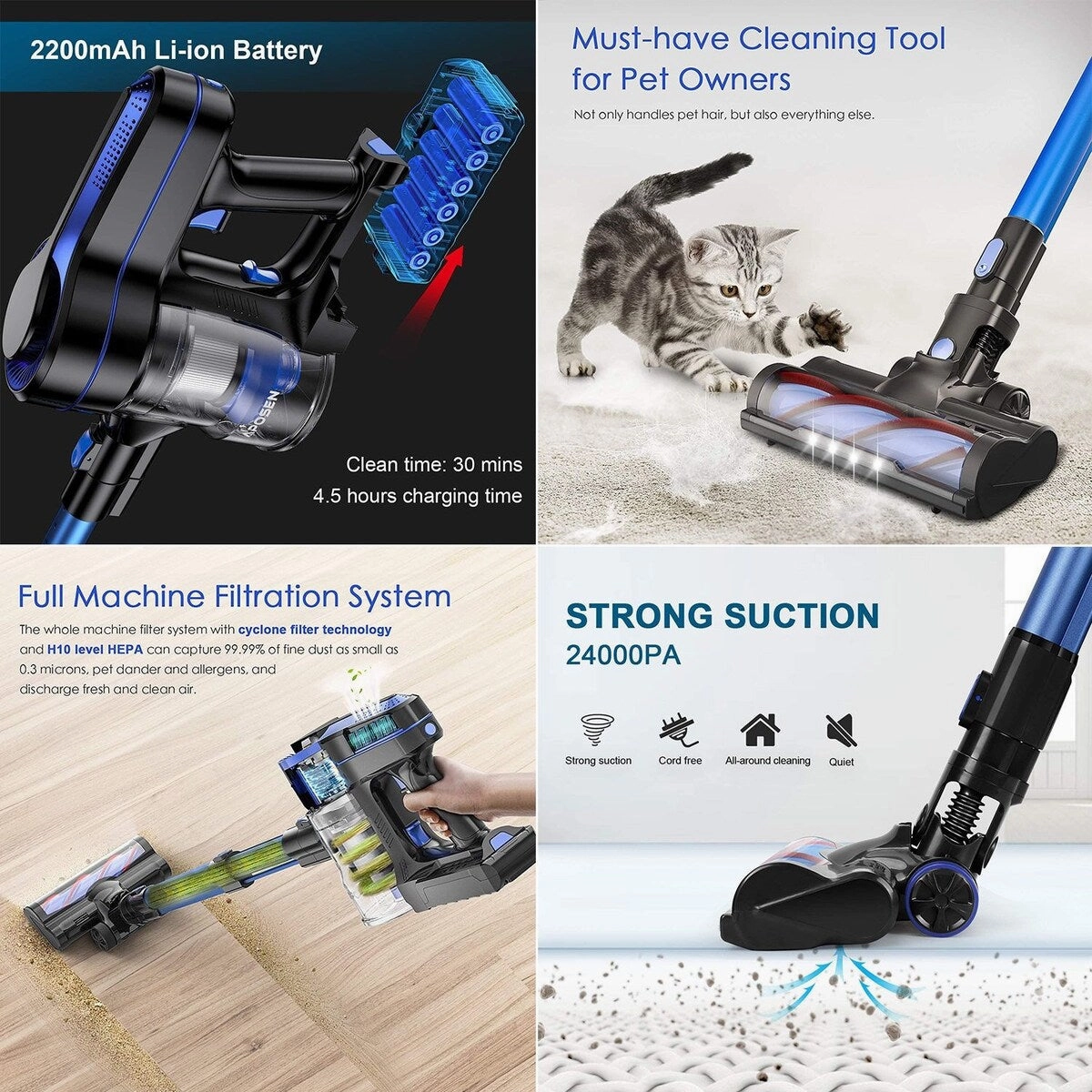 BOSCARE Cordless Vacuum Cleaner 24000pa Stick Vacuum 5 in 1 w/250W Powerful Brushless Motor Detachable Battery