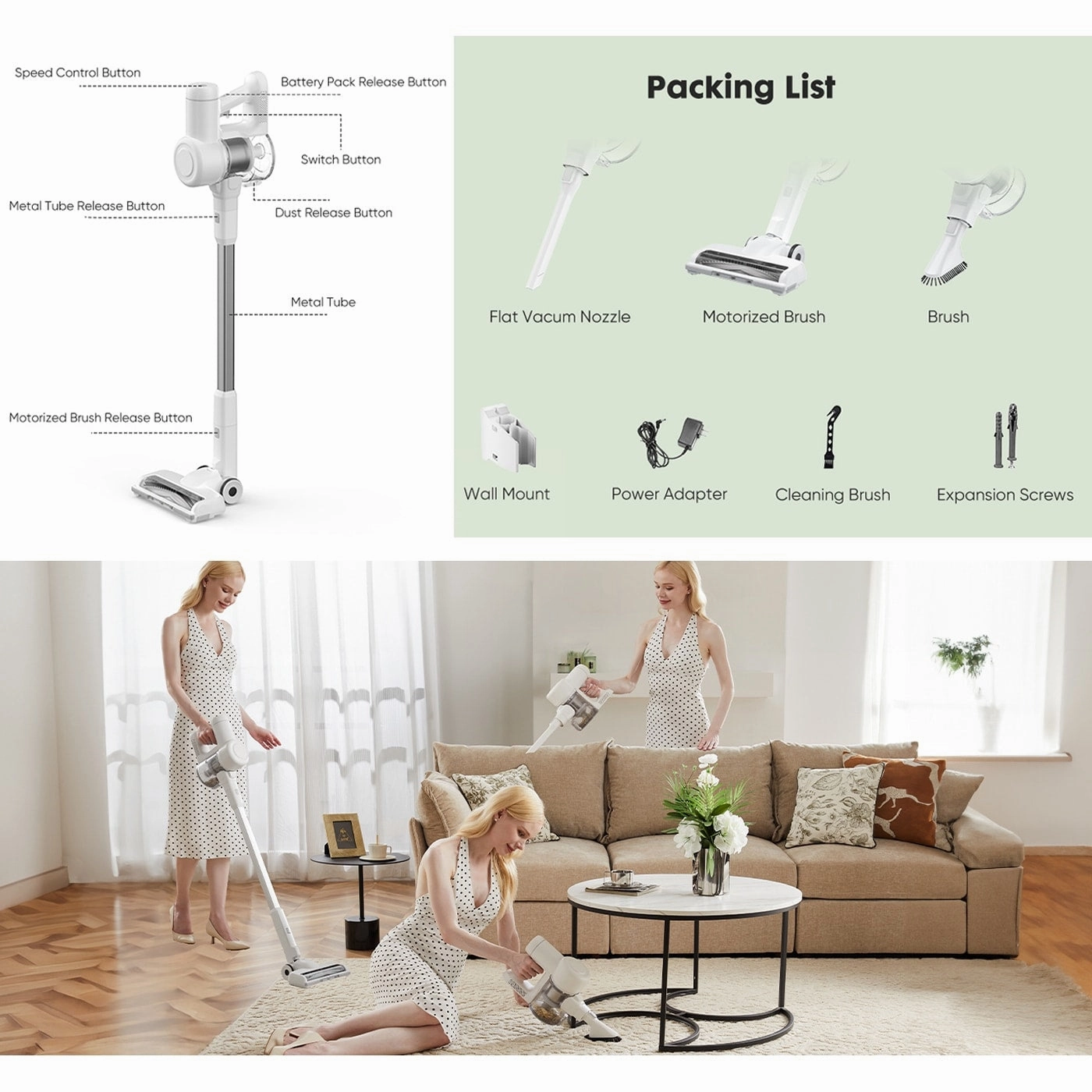 Cordless Stick Vacuum Cleaners for Home Rechargeable Lightweight for Hard Floor and Pet Hair Removal. Handheld Carpet Sweeper