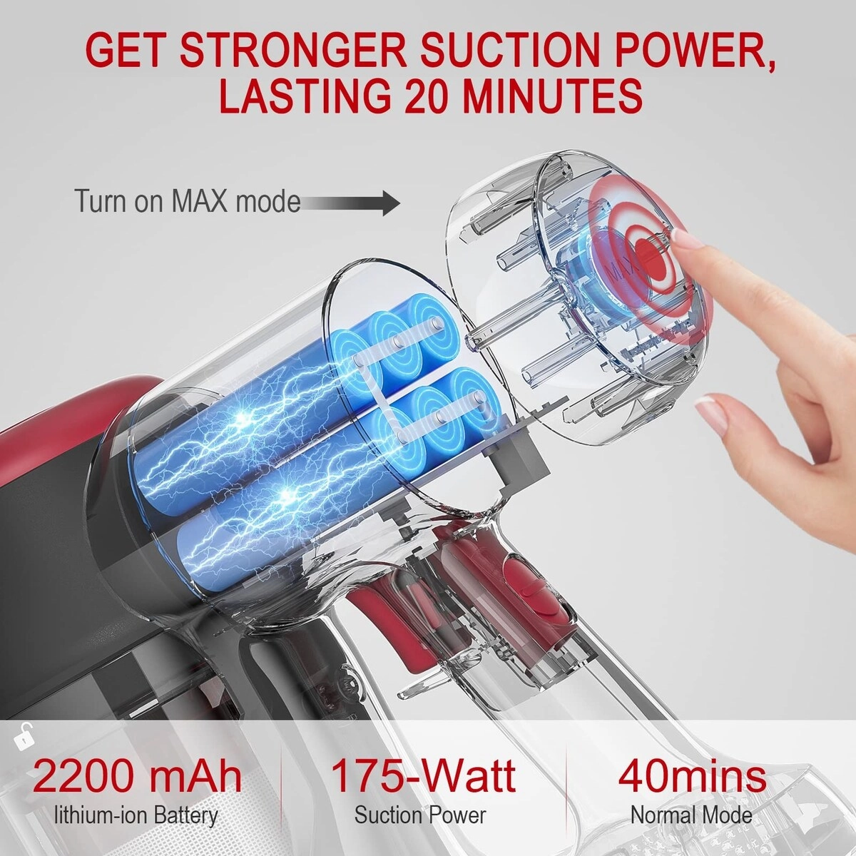 Cordless Vacuum Cleaner. 175W Stick Vacuum Cleaner with Self-Standing