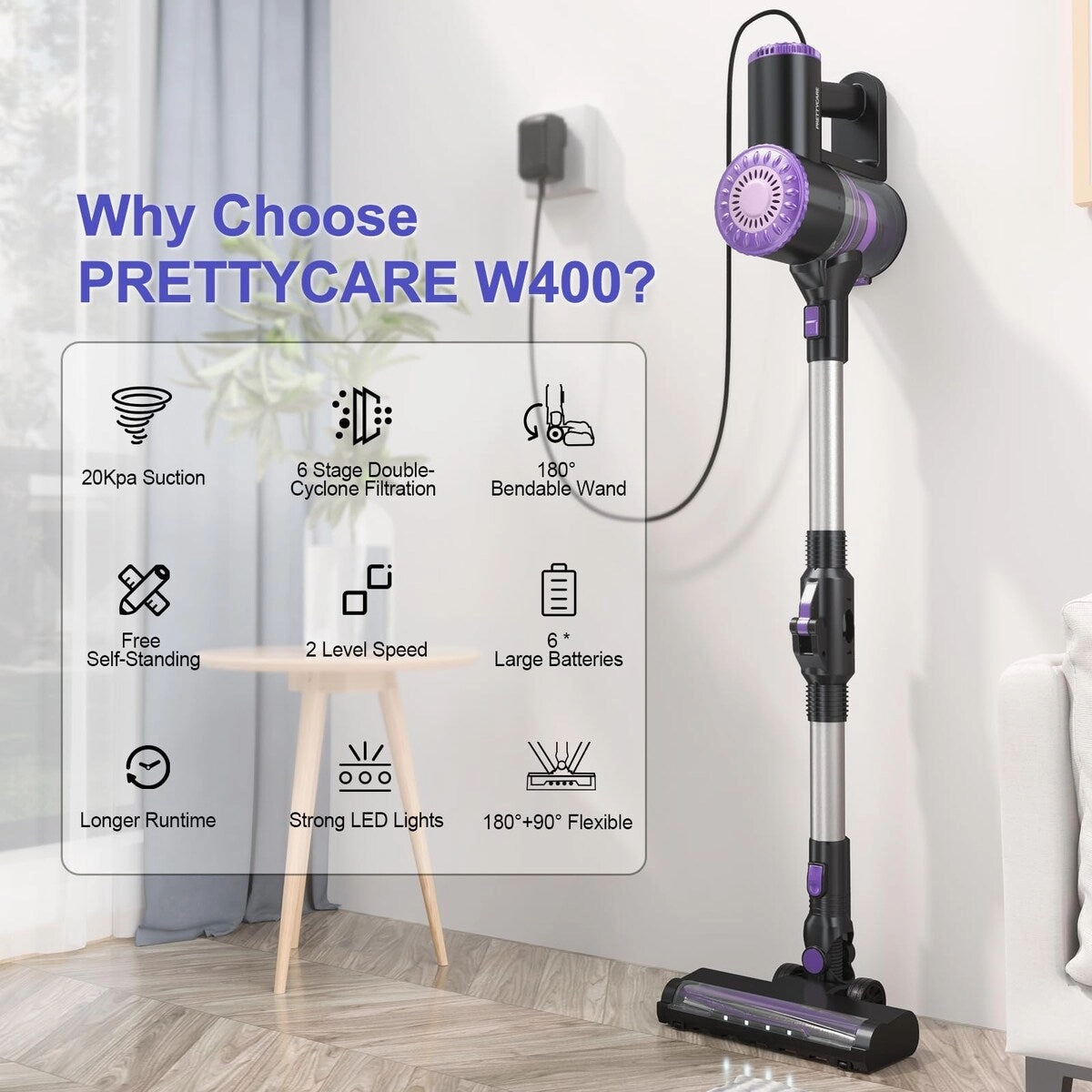 Cordless Vacuum Cleaner. 6 in 1 Lightweight Stick Vacuum Self-Standing. 180Bendable Wand Rechargeable Cordless Vacuum
