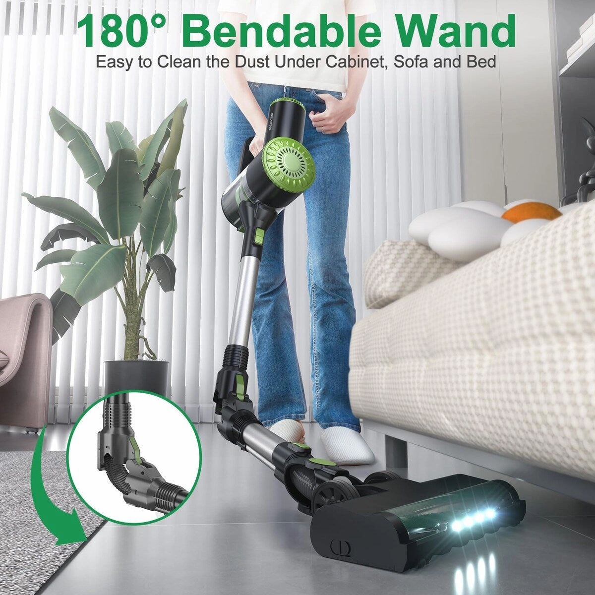 Cordless Vacuum Cleaner. 6 in 1 Lightweight Stick Vacuum Self-Standing. 180Bendable Wand Rechargeable Cordless Vacuum