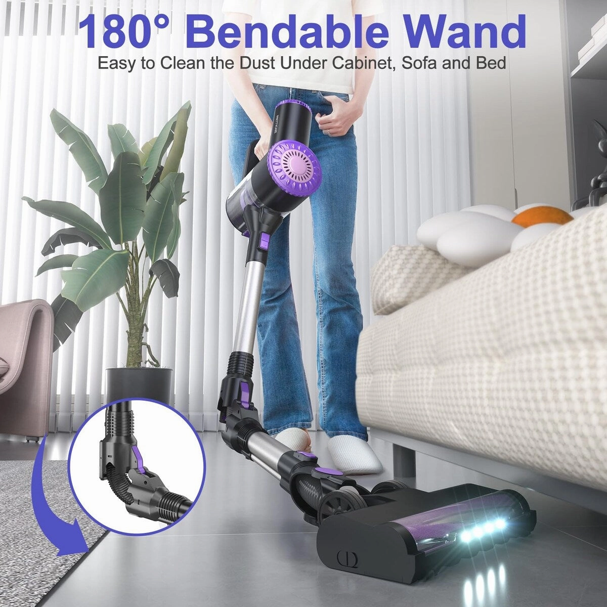 Cordless Vacuum Cleaner. 6 in 1 Lightweight Stick Vacuum Self-Standing. 180Bendable Wand Rechargeable Cordless Vacuum