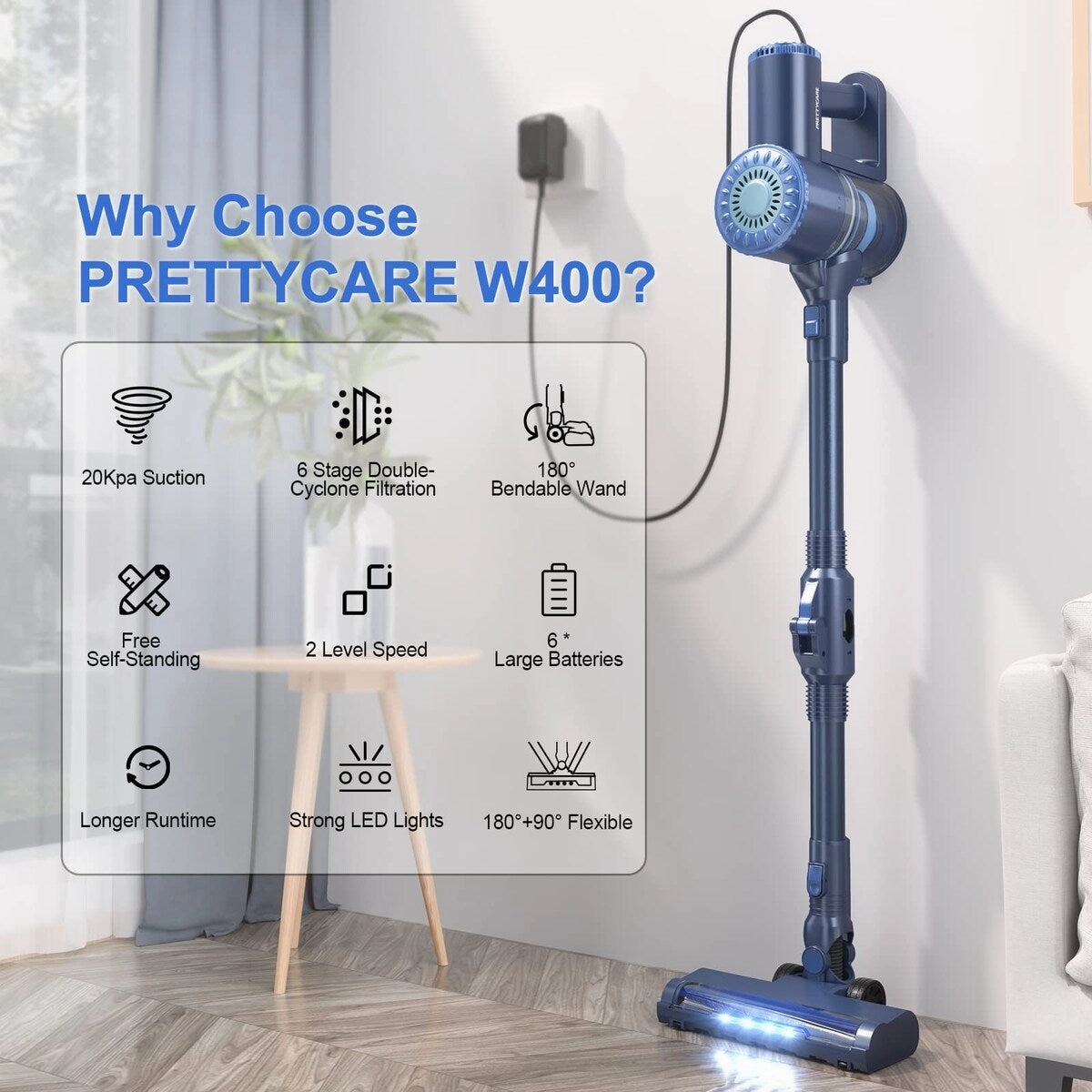 Cordless Vacuum Cleaner. 6 in 1 Lightweight Stick Vacuum Self-Standing. 180Bendable Wand Rechargeable Cordless Vacuum