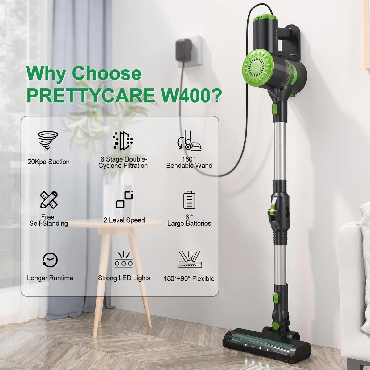 Cordless Vacuum Cleaner. 6 in 1 Lightweight Stick Vacuum Self-Standing. 180Bendable Wand Rechargeable Cordless Vacuum