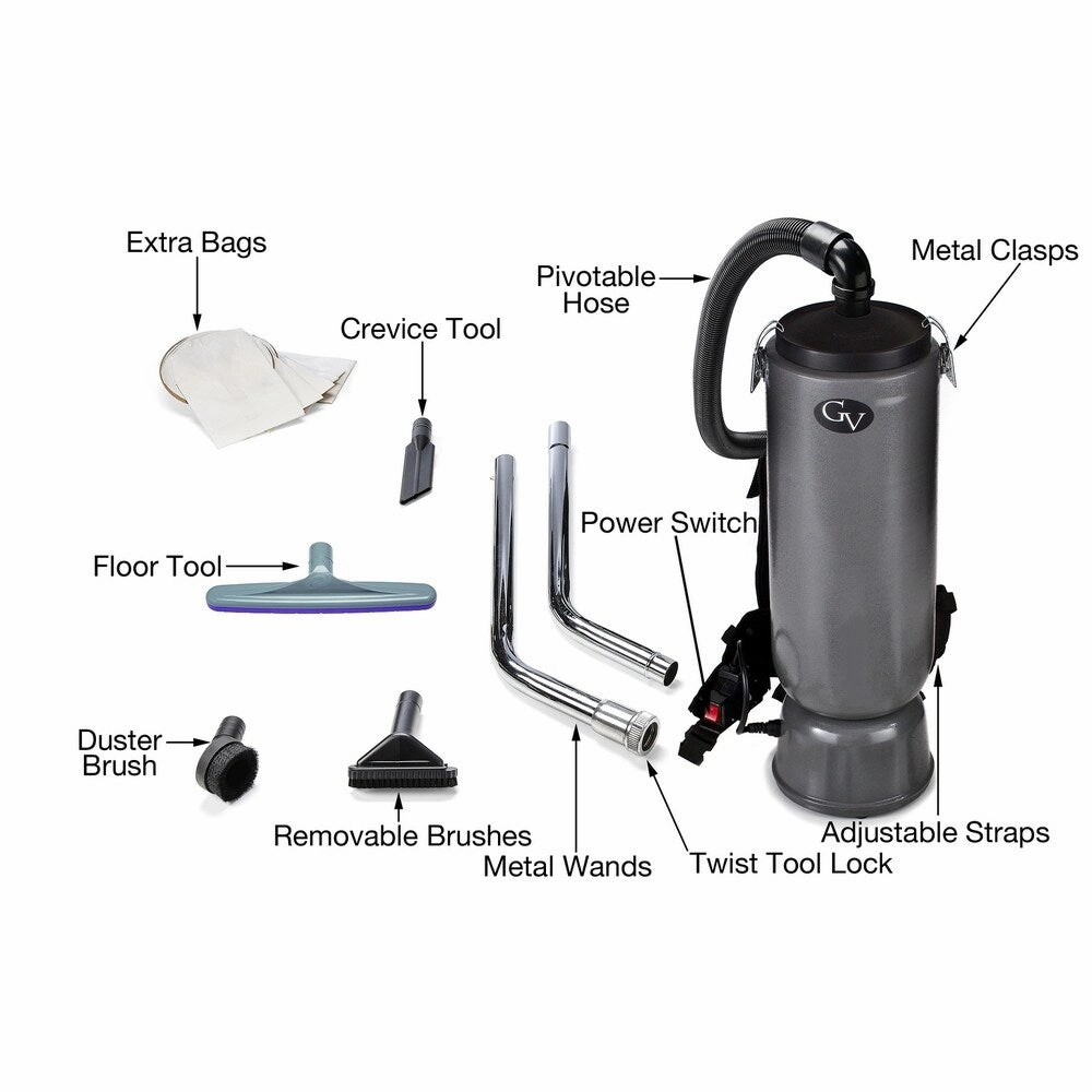 GV Grey 10-quart Commercial Backpack Vacuum With Restaurant/Industrial/Commercial ProTeam Tool Kit
