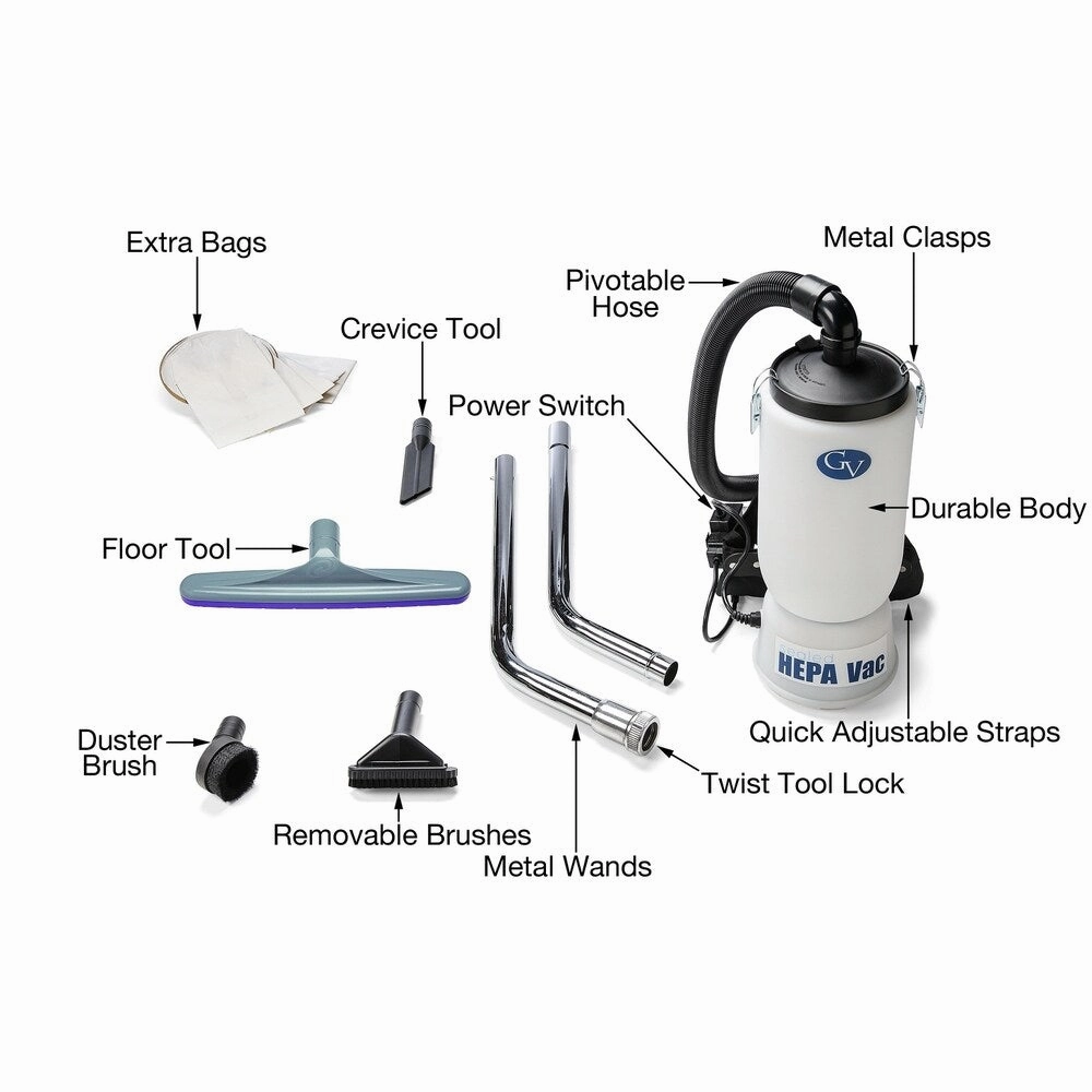New GV 6-quart HEPA Backpack Vacuum with ProTeam 1.5-inch Commercial/Restaurant/Industrial Tool Kit