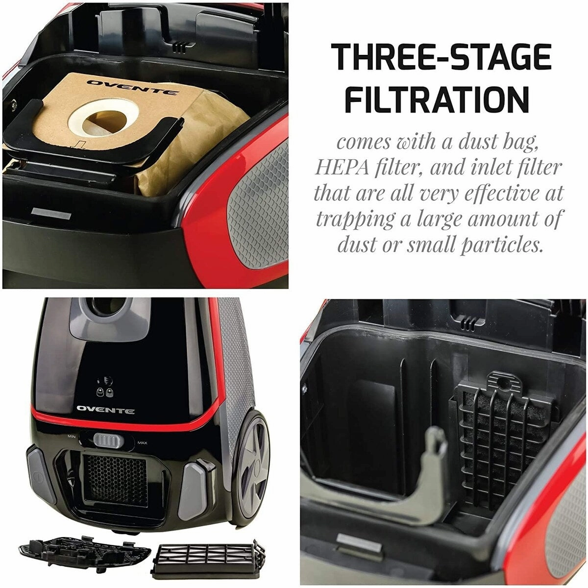 Ovente Electric Canister Vacuum Cleaner. Bonus of Pack of 4 Dust Bags and 1 HEPA Filter. Black ST1600B   ACPST16041