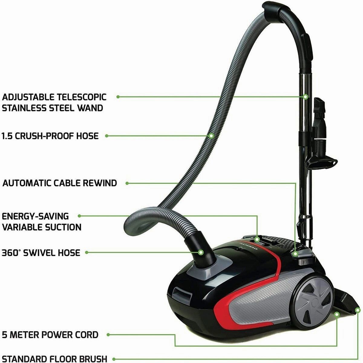 Ovente Electric Canister Vacuum Cleaner. Bonus of Pack of 4 Dust Bags and 1 HEPA Filter. Black ST1600B   ACPST16041