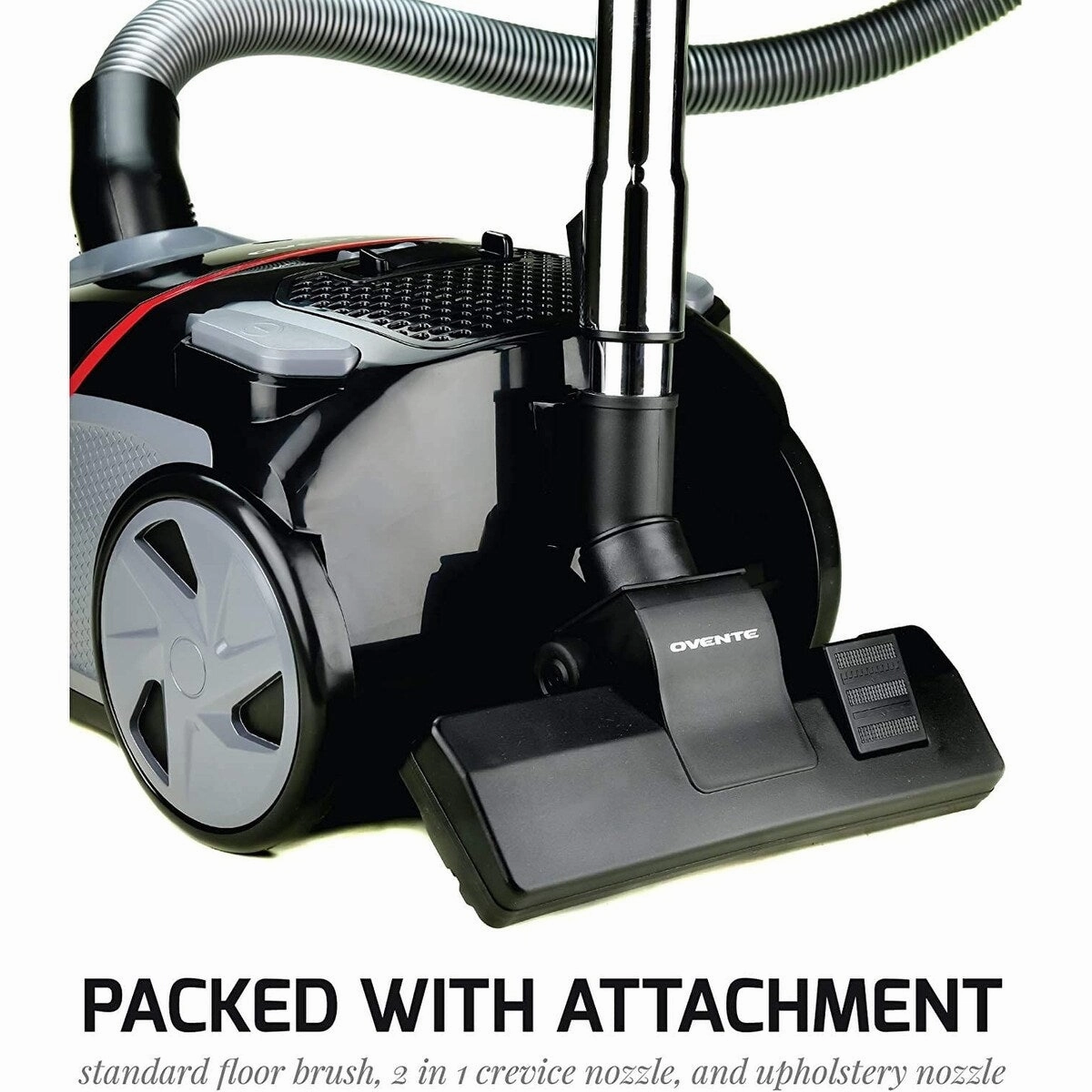Ovente Electric Canister Vacuum Cleaner. Bonus of Pack of 4 Dust Bags and 1 HEPA Filter. Black ST1600B   ACPST16041