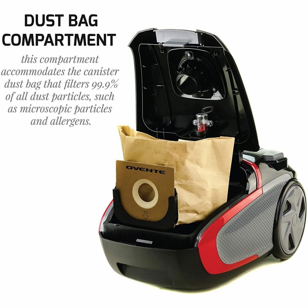 Ovente Electric Canister Vacuum Cleaner. Bonus of Pack of 4 Dust Bags and 1 HEPA Filter. Black ST1600B   ACPST16041