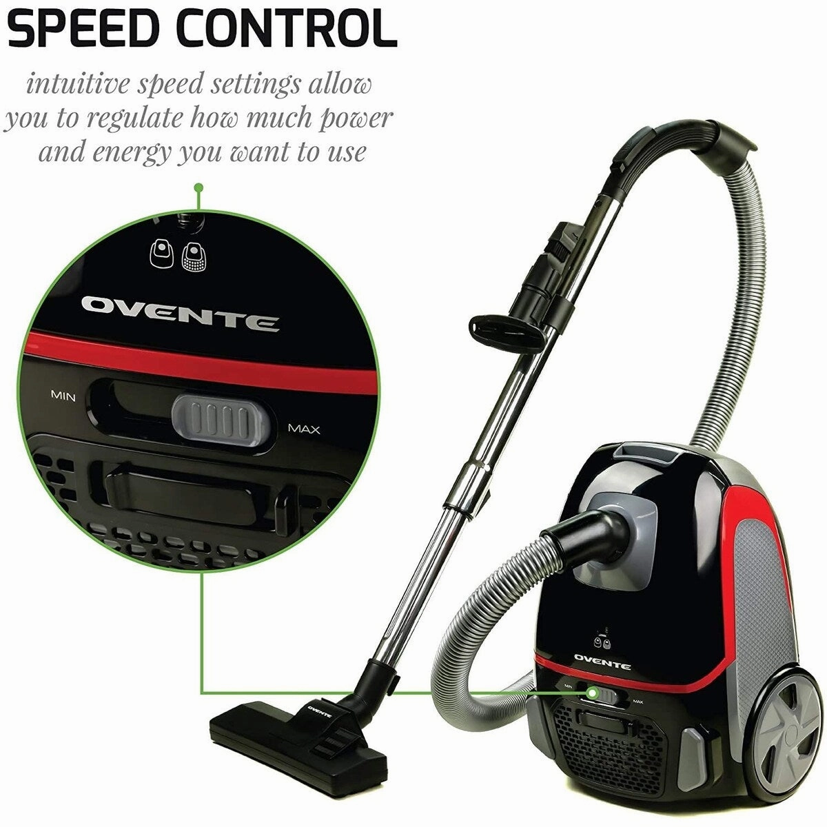 Ovente Electric Canister Vacuum Cleaner. Bonus of Pack of 4 Dust Bags and 1 HEPA Filter. Black ST1600B   ACPST16041