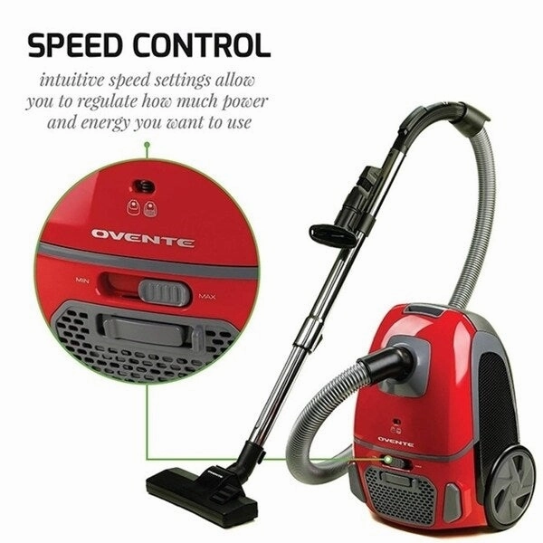Ovente Electric Canister Vacuum with 2 Speed Control. Red ST1600R