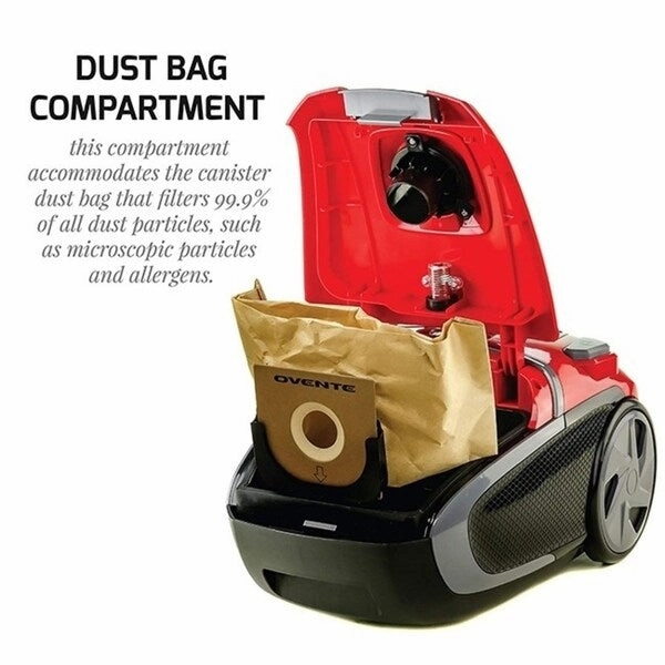 Ovente Electric Canister Vacuum with 2 Speed Control. Red ST1600R