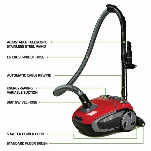 Ovente Electric Canister Vacuum with 2 Speed Control. Red ST1600R