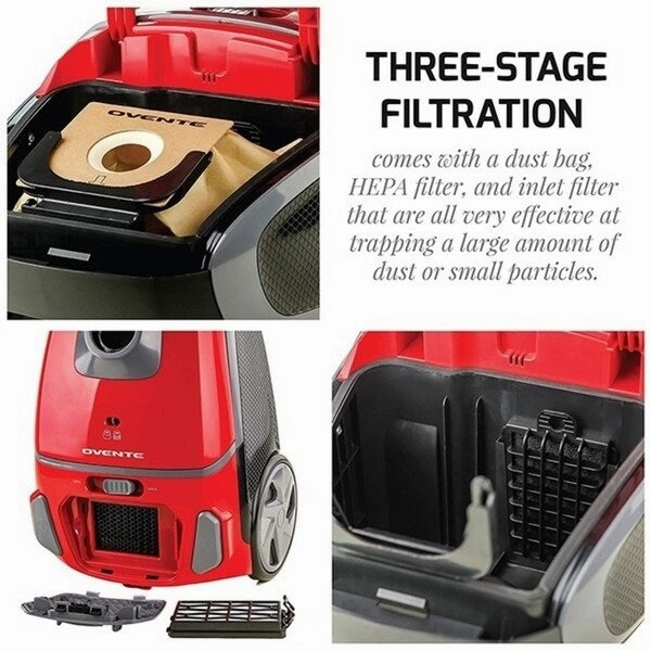 Ovente Electric Canister Vacuum with 2 Speed Control. Red ST1600R