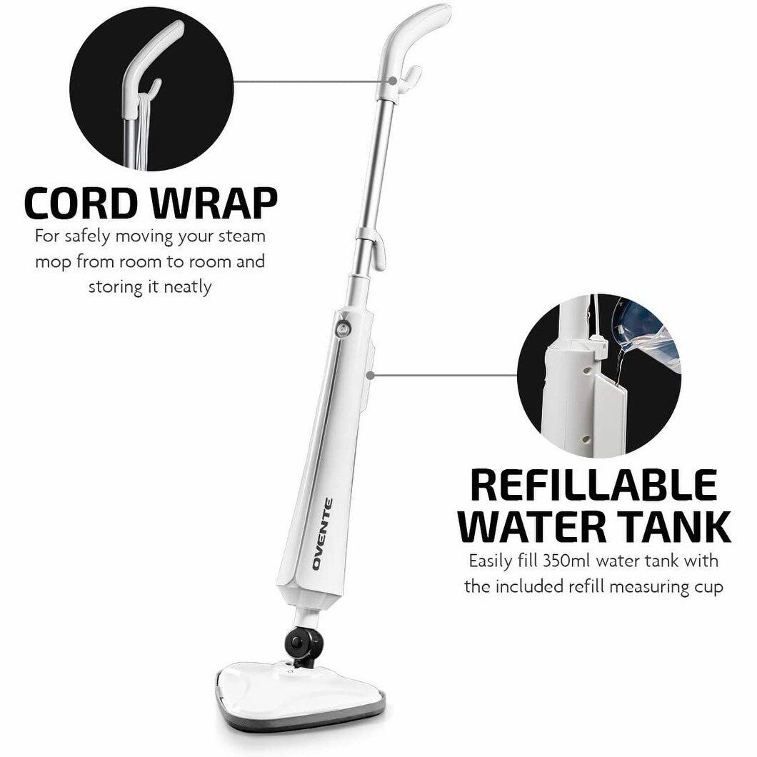 Ovente Electric Steam Mop. Tile Cleaner Steamer and Hard Wood Floor Cleaning with 2 Microfiber Pads ST405W