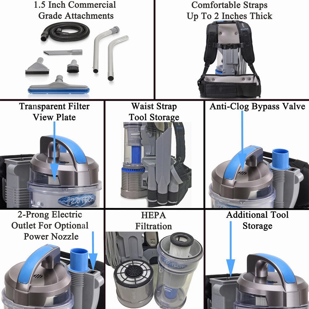 Prolux 2.0 Bagless Backpack Vacuum Standard Model with Deluxe 1 1/2 inch Tool Kit