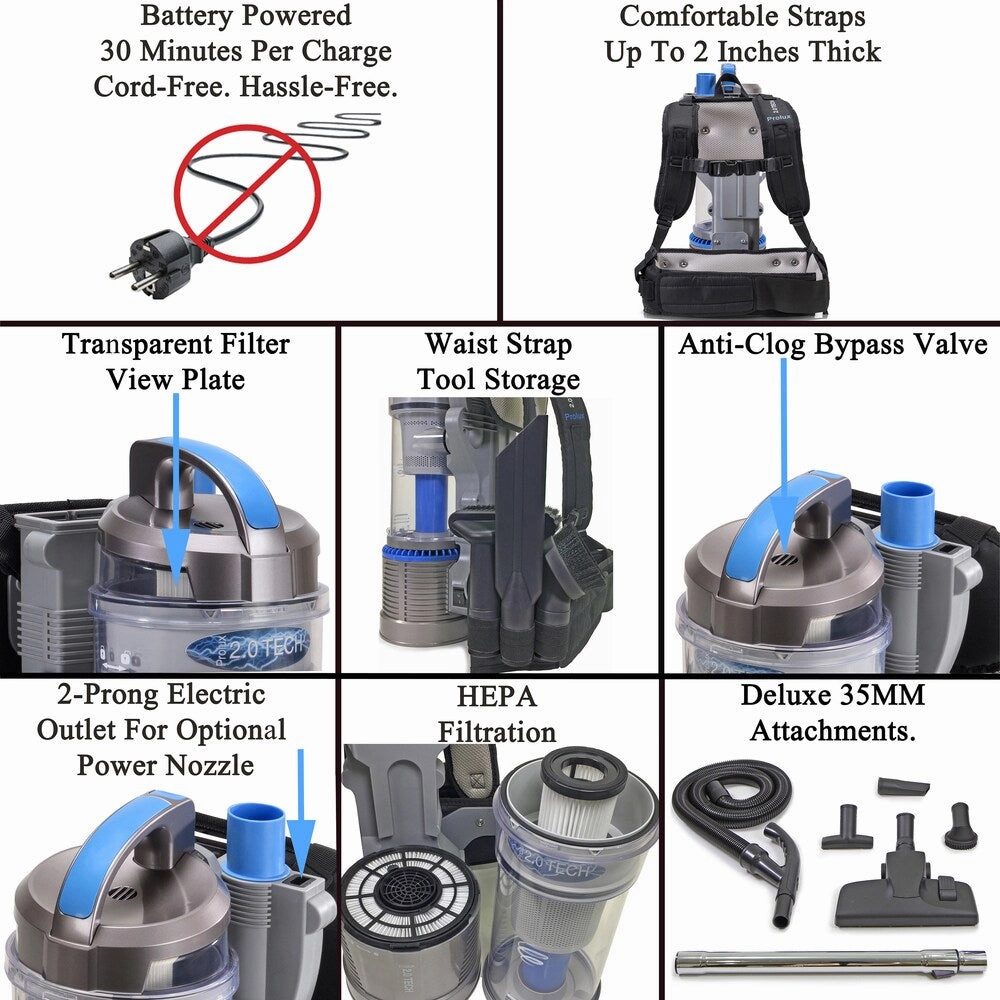 Prolux 2.0 Battery Powered Bagless Backpack Vacuum with Deluxe 32 MM Tool Kit