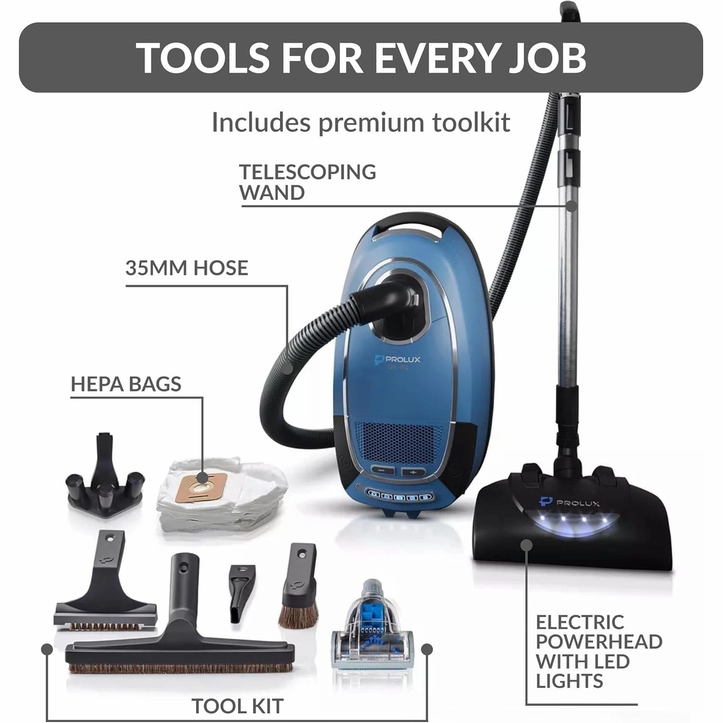 Prolux QX90 Bagged Canister Best Rated HEPA Vacuum with Powerhead for Home