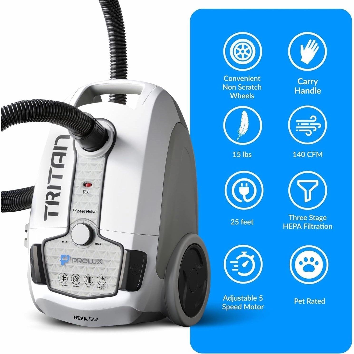Prolux Tritan Canister Vacuum HEPA Sealed Hard Floor Vacuum with Powerful 12 Amp Motor