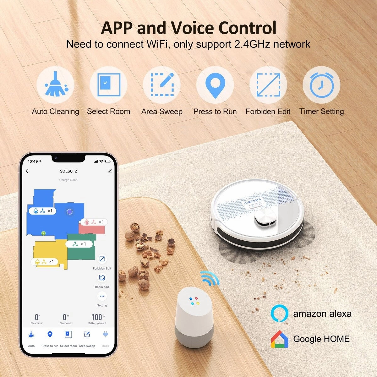 Robot Vacuum and Mop Combo. 2 in 1 Robotic Vacuum Cleaner. 5 Smart Mappings.10 No-go Zones. App/Alexa. Laser Vacuum Robot
