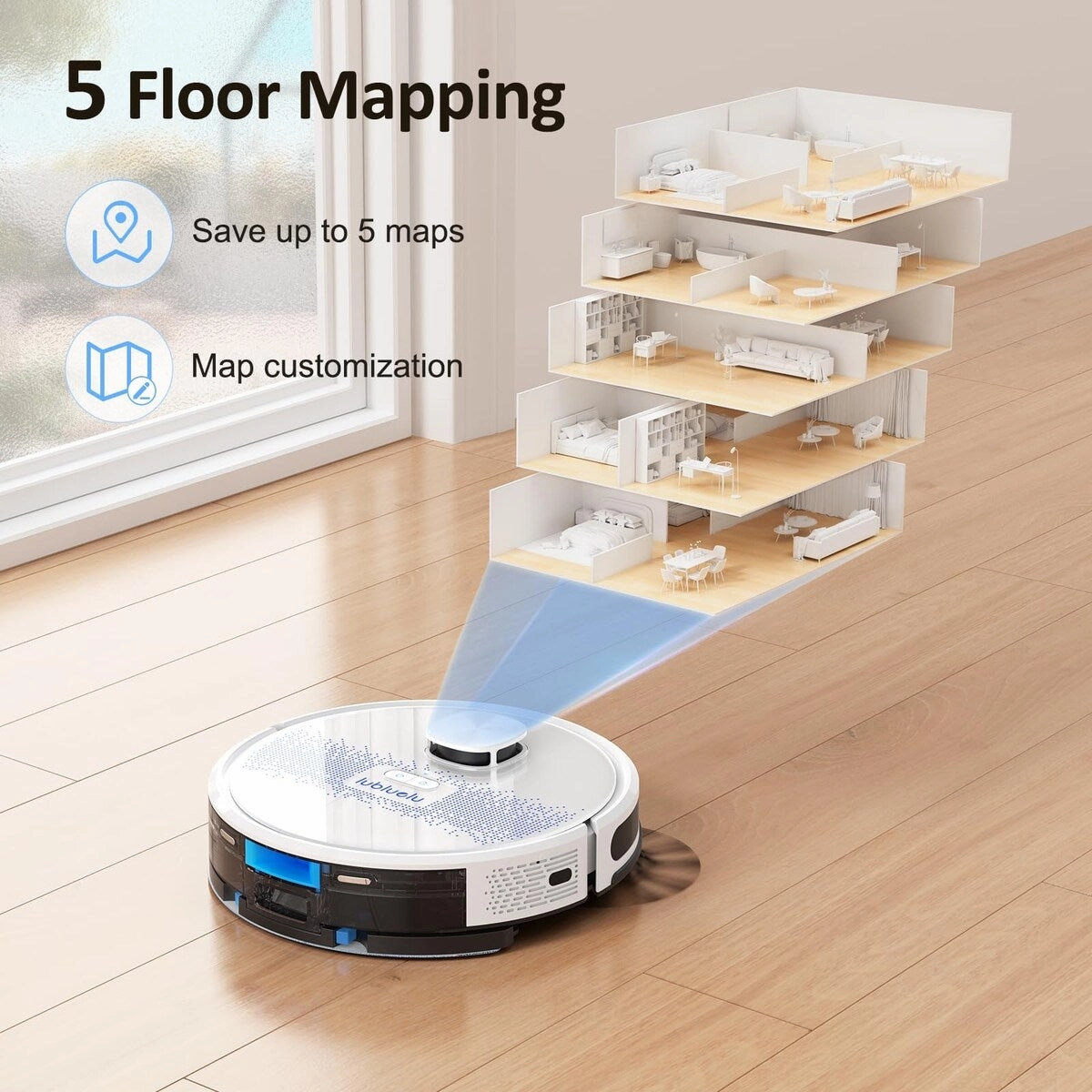 Robot Vacuum and Mop Combo. 2 in 1 Robotic Vacuum Cleaner. 5 Smart Mappings.10 No-go Zones. App/Alexa. Laser Vacuum Robot