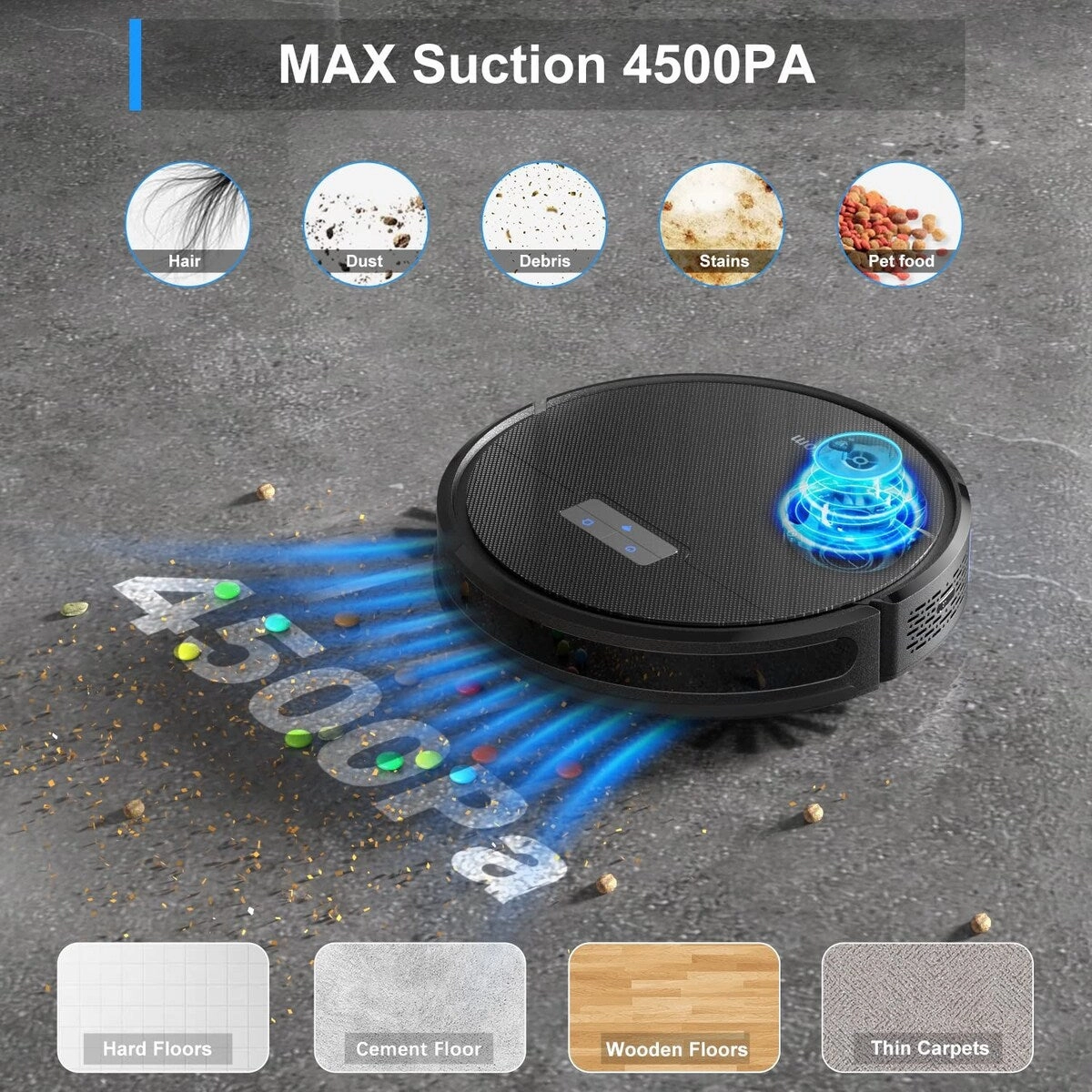 Robot Vacuum and Mop Combo. 4500Pa Suction. 150Mins Max. Robotic Vacuum Cleaner with Self-Charging. Quiet. APP&Voice Control