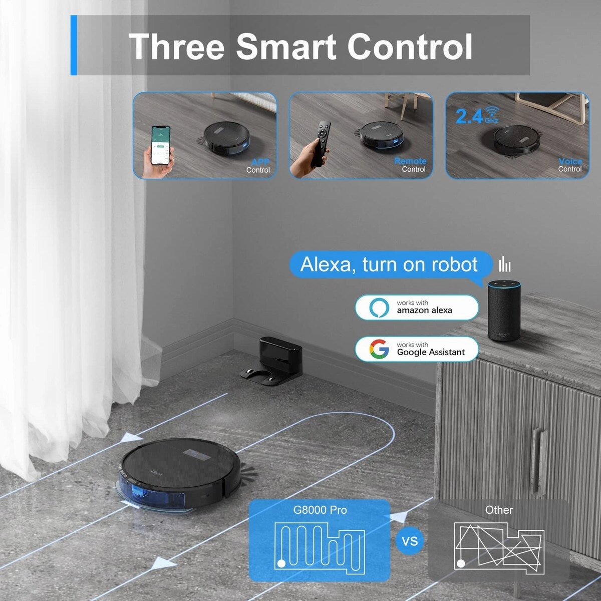 Robot Vacuum and Mop Combo. 4500Pa Suction. 150Mins Max. Robotic Vacuum Cleaner with Self-Charging. Quiet. APP&Voice Control