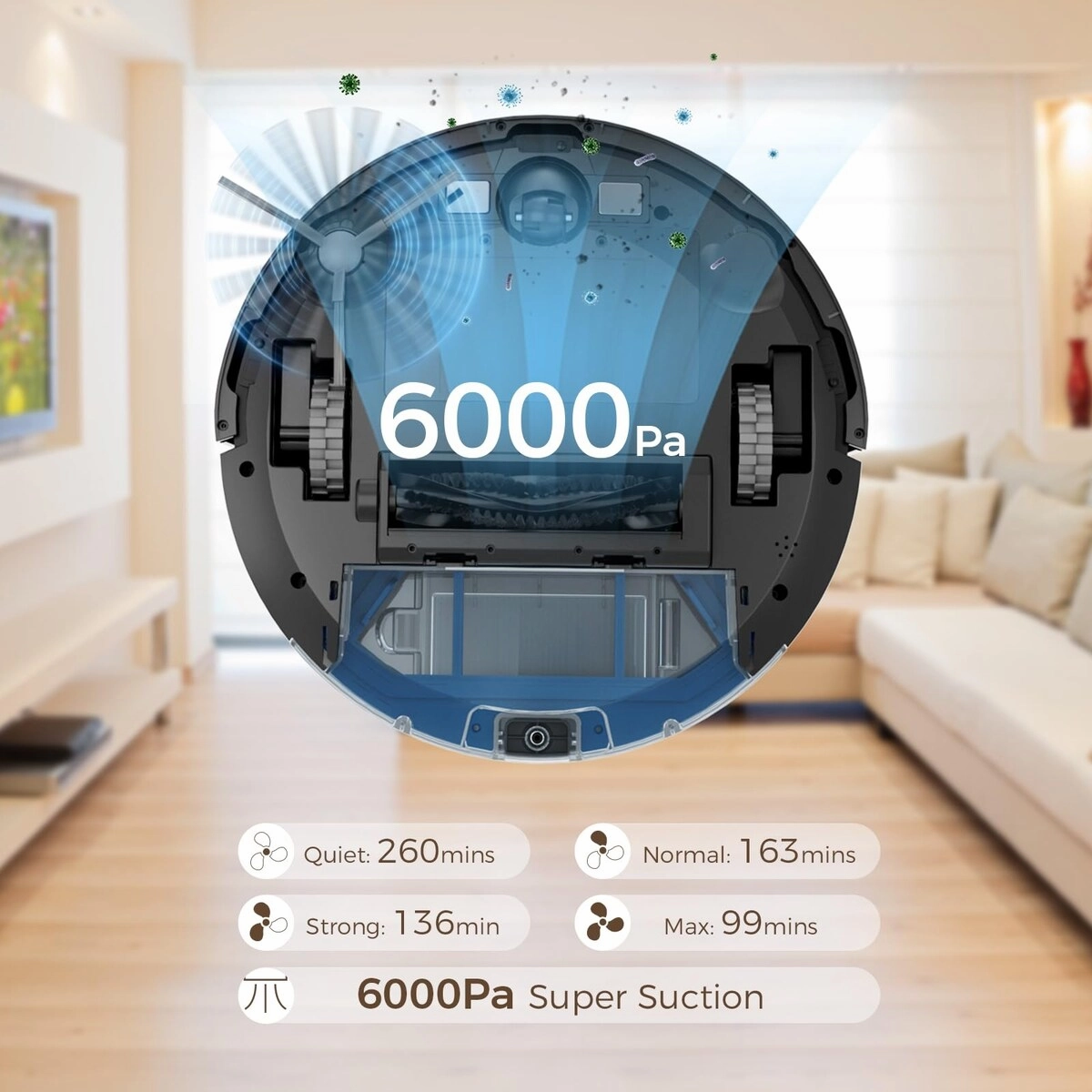Robot Vacuum and Mop Combo. 6000Pa Suction Robotic Vacuum Cleaner. Lidar Navigation.5200mAh.260Mins Runtime. App Control