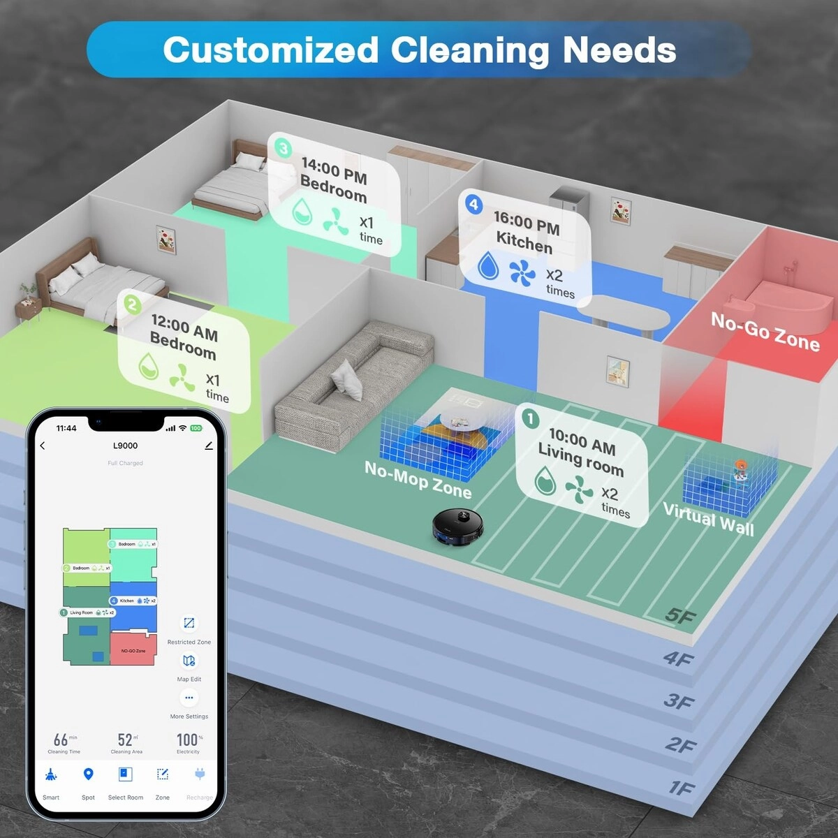 Robot Vacuum and Mop Combo. LiDAR Navigation. 4000Pa Robotic Vacuum Cleaner. Up to 150Mins. Smart Mapping. 14 No-go Zones