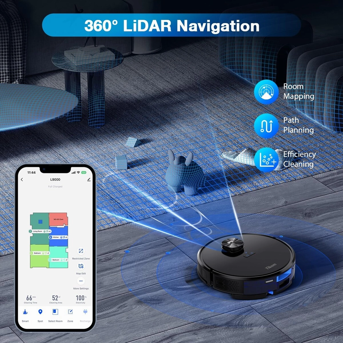 Robot Vacuum and Mop Combo. LiDAR Navigation. 4000Pa Robotic Vacuum Cleaner. Up to 150Mins. Smart Mapping. 14 No-go Zones