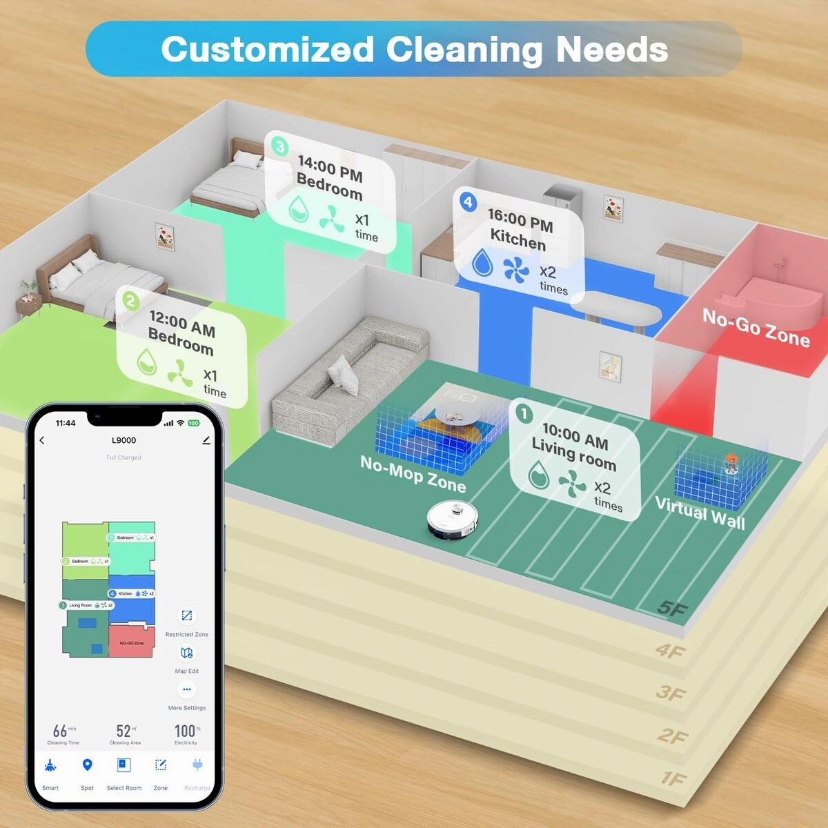 Robot Vacuum and Mop Combo. LiDAR Navigation. L9000 Robotic Vacuum Cleaner. 4000Pa Suction. 150Mins Max. Smart Mapping