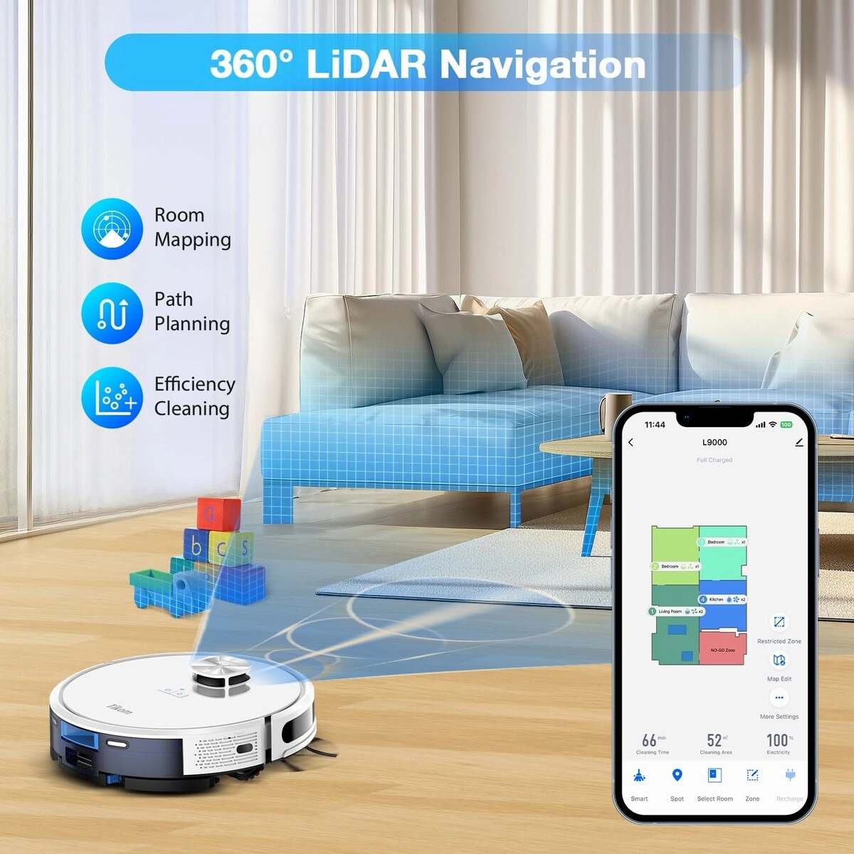 Robot Vacuum and Mop Combo. LiDAR Navigation. L9000 Robotic Vacuum Cleaner. 4000Pa Suction. 150Mins Max. Smart Mapping