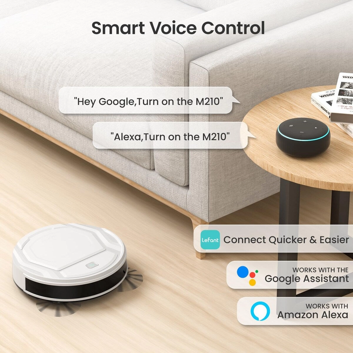 Robot Vacuum Cleaner. Tangle-Free. Strong Suction. Slim. Low Noise. Automatic Self-Charging. Wi-Fi/App/Alexa Control. Ideal