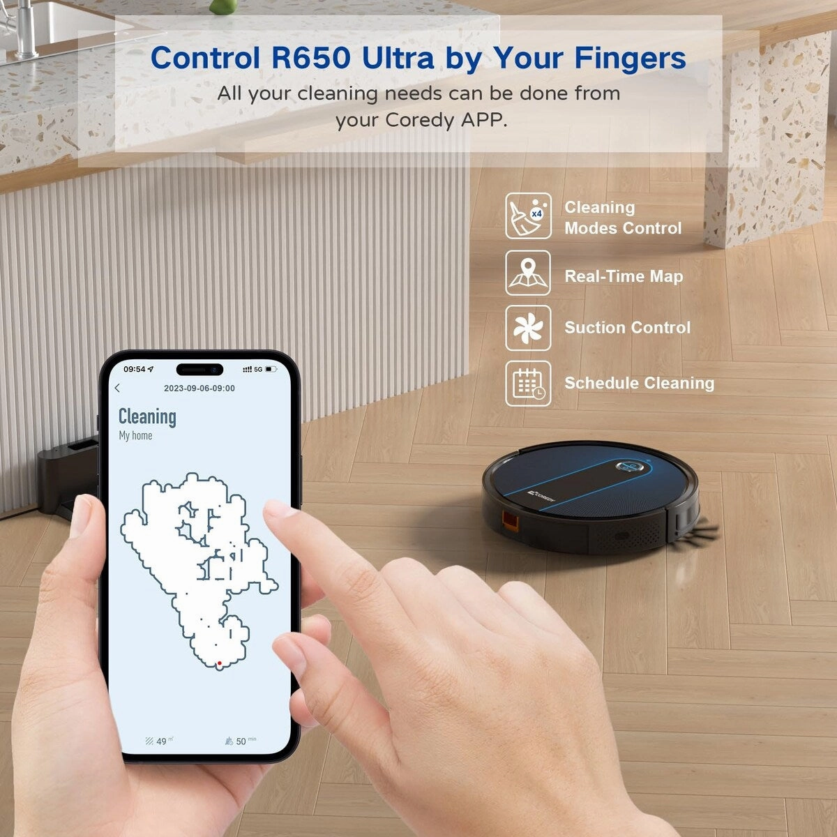 Robot Vacuum. R650 Ultra Robotic Vacuum with 2200 Pa Strong Suction. Gyro Dynamic Navigation. Z-zag Cleaning Path. App Control