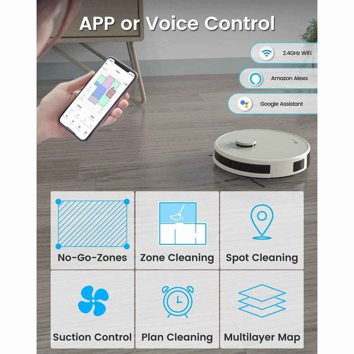 Robot Vacxuum and Mop. No-go Zone. WiFi/App/Alexa Control. Precise Mapping. 4000Pa Suction. 150 Min Runtime. Self-Charging
