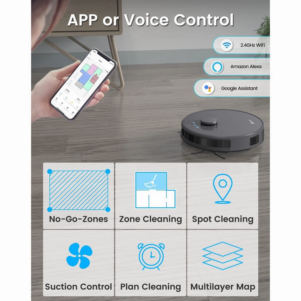 Robot Vacxuum and Mop. No-go Zone. WiFi/App/Alexa Control. Precise Mapping. 4000Pa Suction. 150 Min Runtime. Self-Charging