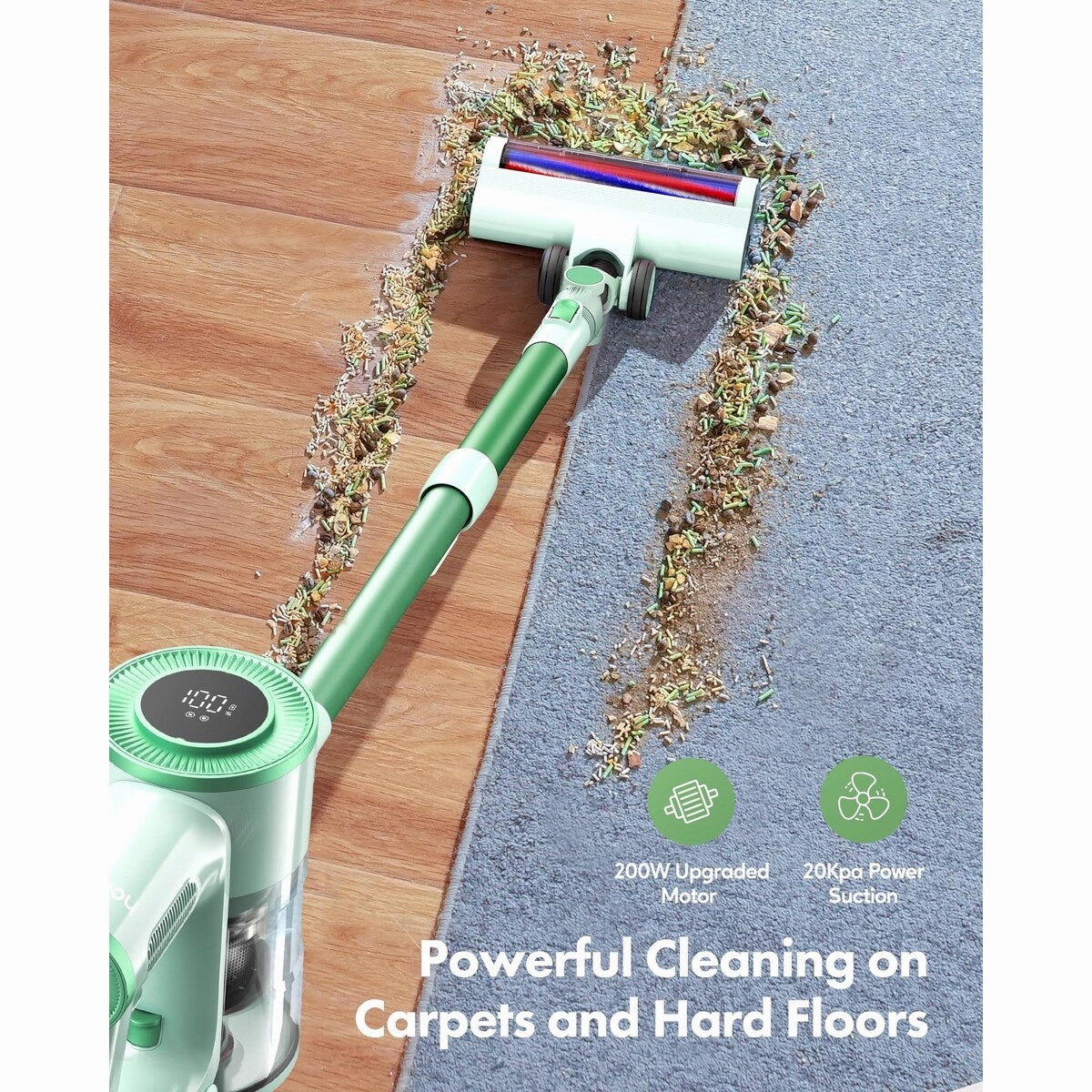 Stick Vacuum Cleaner Cordless. 200W Powerful Suction 8 in 1 Stick Vacuum with LED Display. 1.5L Dust Cup.Up to 30 Min Runtime
