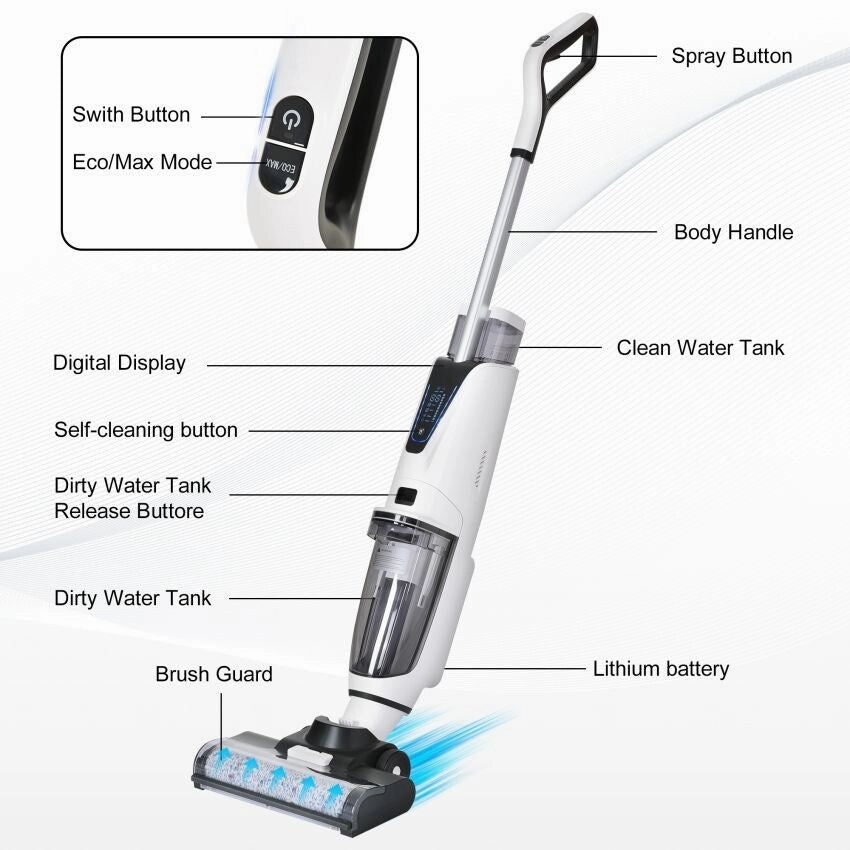 Wireless Wet and Dry Vacuum Cleaner. 3-in-1 Floor Cleaner with Two Tank System. 5000 mAh. Self-Cleaning System. LED