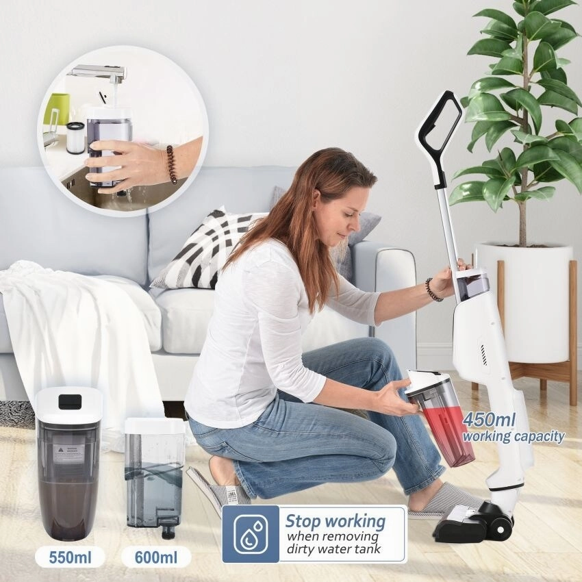 Wireless Wet and Dry Vacuum Cleaner. 3-in-1 Floor Cleaner with Two Tank System. 5000 mAh. Self-Cleaning System. LED