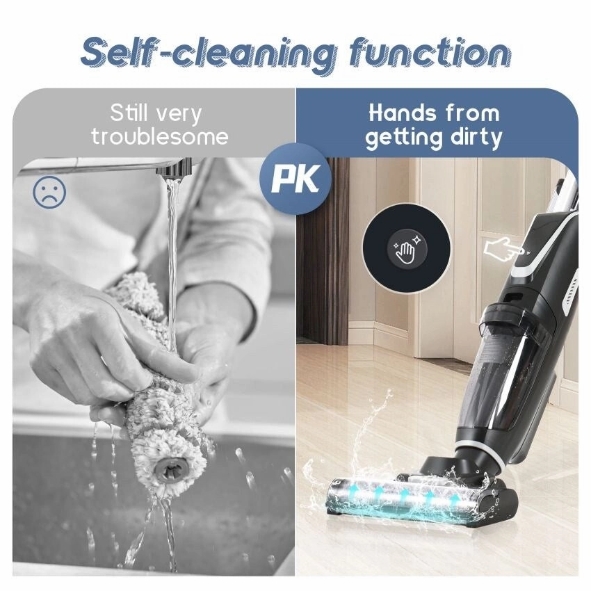 Wireless Wet and Dry Vacuum Cleaner. 3-in-1 Floor Cleaner with Two Tank System. 5000 mAh. Self-Cleaning System. LED