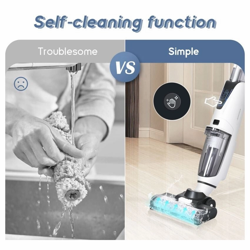 Wireless Wet and Dry Vacuum Cleaner. 3-in-1 Floor Cleaner with Two Tank System. 5000 mAh. Self-Cleaning System. LED